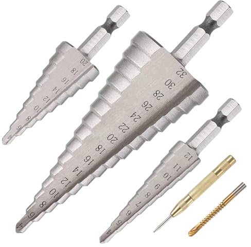 5 Pezzi Set Punte Trapano,3 Pezzi Fresa Conica Trapano a Gradini 4-/12/20/32,1 Pezzi Punzone Centrale Automatico e 1 Pezzi Punta Elicoidale a Spirale, Per Legno,Metallo