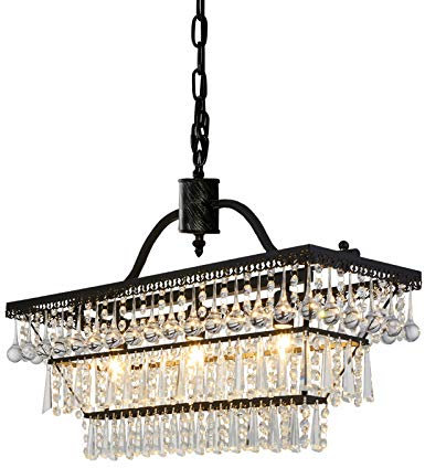 Moderner Kristallkronleuchter Beleuchtung Esszimmer Kronleuchter, 3 leichte Bauernhaus Kronleuchter schwarzer Rechteck Kücheninsel Anhänger Leuchte verstellbare Hangleuchte, L26 x W9, hängendes Licht