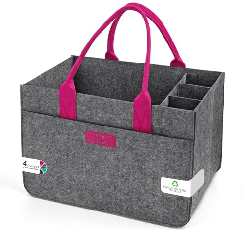 Eurhomewit Cestino per la spesa, in feltro, con scomparti, borsa in feltro, grande 30 l, pieghevole, per legna, per vestiti, giocattoli, colore grigio medio + magenta/1 pezzo)