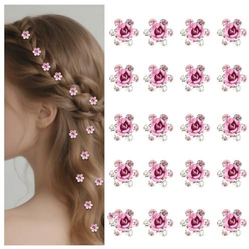 Bumlofa Set di 20 fermagli per capelli con fiori rosa, piccoli con decorazione di strass, ideali per fermagli per capelli, ragazze, donne e bambini, perfetti per acconciature, feste e abbigliamento