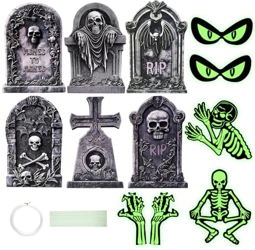 SNAIL GARDEN Set di 12 Pezzi Decorazione Halloween con 6 lapidi, 2 scheletri luminescenti, 2 Mani Luminose e 2 Occhi di Demone Luminosi - Decorazione cimitero spettrale per Giardino ed Esterni