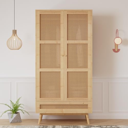 Mielvu Armario con barra, armario de 2 puertas, dormitorio, red de ratán, sala de estar, con tapa inferior abatible, tableros de partículas+ratán de polietileno, natural