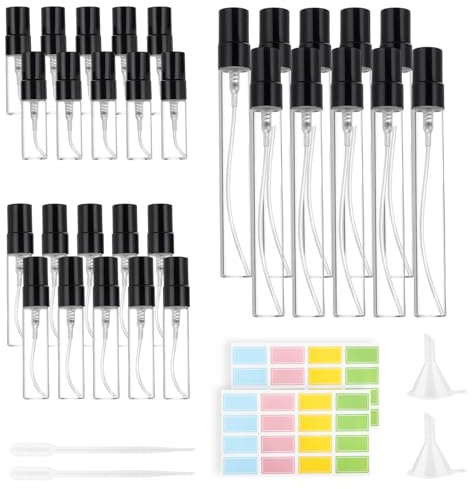 Pulverizador Perfume de Vidrio 30pcs, Mini Botes Spray Vacios para Llevar con Cabezal de Pulverización Fino, Bote de Perfume Recargable para Viajes Bolso Uso Diario, 3 5 10 ml, 10 Unidades por Tamaño