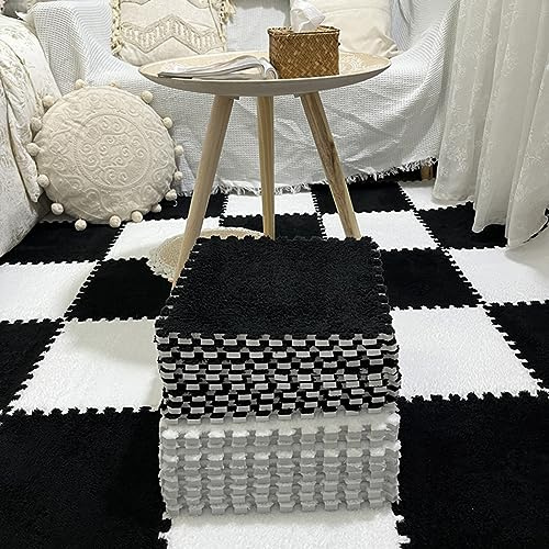 AMZBNEIDI Piastrelle di Moquette ad Incastro Tipo Puzzle, Confezione da 10 Piastrelle for Pavimento in Schiuma di Peluche ad Incastro con Bordo, Multicolore, 30x30x0,6-1 cm(Black+White,0.23 inch)