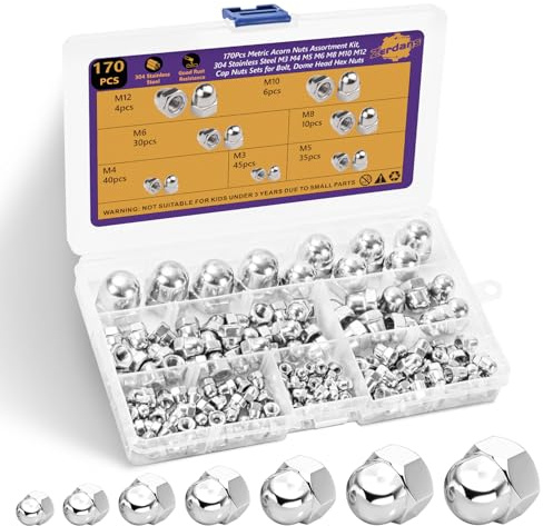Acorn Nuts, 170Pcs 304 Stainless Steel Cap Nut Assortment Kit - M3 M4 M5 M6 M8 M10 M12 Cap Nuts with Dome Head Acorn Nut Caps for Auto,Furniture & DIY