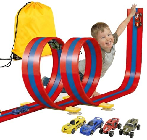 3 Voies Circuit Voiture Flexible avec 2 Loopings (5M), Piste de Course Voiture Enfant 2-en-1 avec 4 Voitures et Sac, Circuit Souple Voiture Gravité & Friction, Garçon Fille 3-8 Ans (Bleu Rouge)