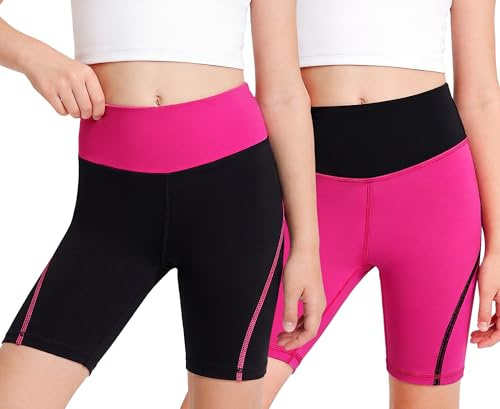 Baogaier Pantaloncini Sportivi per Bambina, Pacco da 2, Elasticizzati Comodi Leggings Capri da Ragazze Estivi Vita Alta Short Pantaloni per Ginnastica Ciclismo Fitness 12-13 Anni, Nero+Rosso