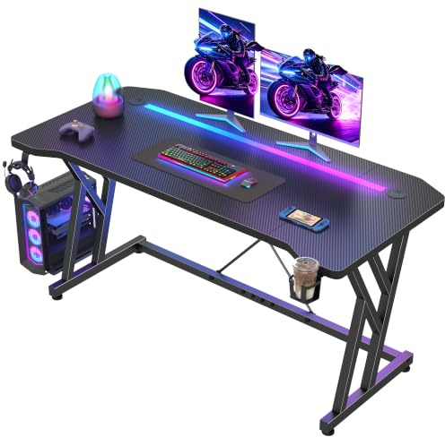 Klyvvo Mesa Gaming LED 100 x 60 cm, Estable Doble Forma de Z, Negro | Escritorio Gaming de Fibra de Carbono Ergonómicas, Escritorio Gamer con Portavasos y Gancho para Auriculares