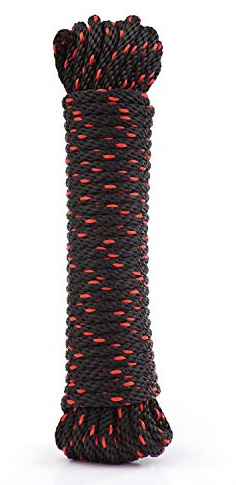 Rope Ratchet 1/14 50 ft Braided Polypropylene Utility Cord, Weather Resistant Indoor Outdoor for Gardening, DIY Projects, Securing Loads, Binding, Knot Tying, Tarp Use, 150 lb Capacity - Black/Red