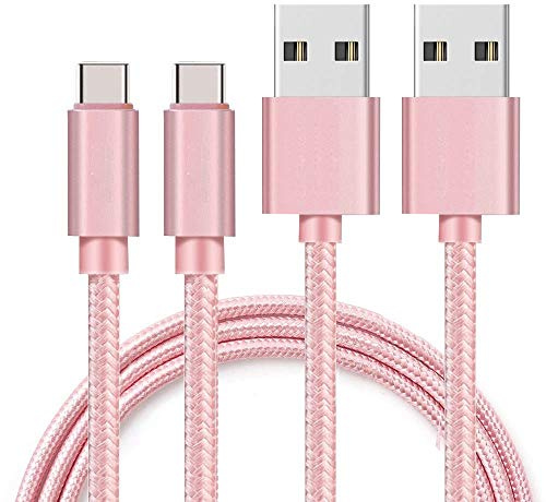 PHONILLICO Lot de 2 Cables Compatible avec Samsung Galaxy A20E / A40 / A50 / A70 / A80 / A9 2018 / A8 2018 / A5 2017 / A3 2017 - [Pack 2] Cable Chargeur USB-C Nylon Tressé Rose 1 Metre