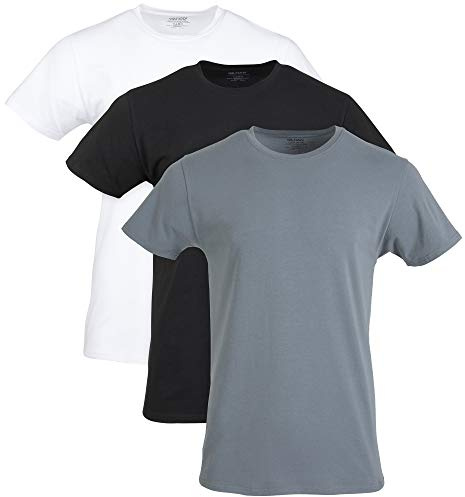 Gildan Men's Cotton Stretch T-Shirts, Multipack, White/Black Soot/Grey Flannel (Crew 3-Pack), Large
