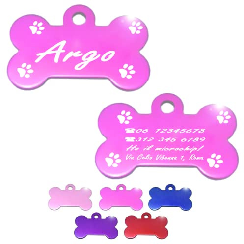 Ibera gifts - Medaglietta Cane Personalizzata XL, Targhetta Cane con Incisione, Forma di Osso, per Cani di Taglia Grande, Medaglietta Gatto Personalizzata, Medagliette per Cani Personalizzate (Fucsia)