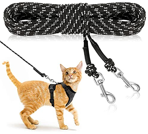Reflective Cat Long Leash 15 FT, Outdoor Backyard Cat Tie Out Lead, Black