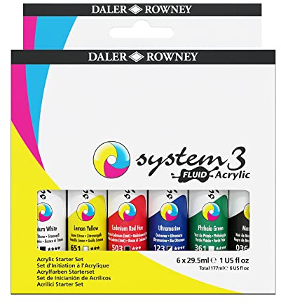 Daler-Rowney System3 Fluid Acrylic Set, 6 x 29.5ml Tubes, Assorted Vibrant Colours, Multi-Surface, For Professional Artists & Students