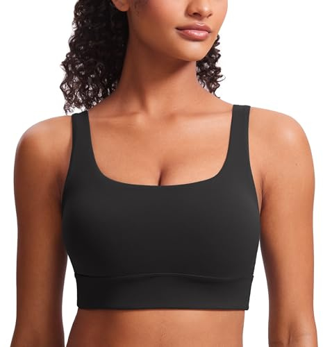 CRZ YOGA Butterluxe U Back Longline Sports Bras for Women - Scoop Neck Padded Yoga Workout Crop Top with Built in Pads Black Small
