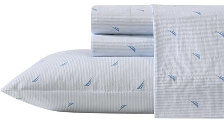 Nautica - Twin XL Sheets, Cotton Percale Bedding Set, Crisp & Cool, Lightweight & Breathable (Boat Stripe Pale Blue, Twin XL)