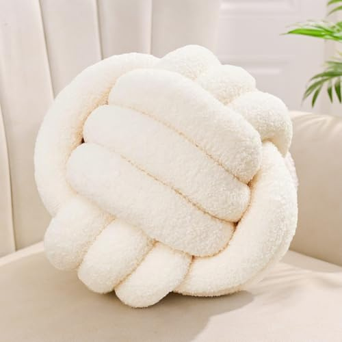 Yhoelata Cojín decorativo con nudos, beige y blanco, cojín decorativo para sofá, cojín de terciopelo de peluche, cojín redondo para dormitorio infantil, regalo 28 cm