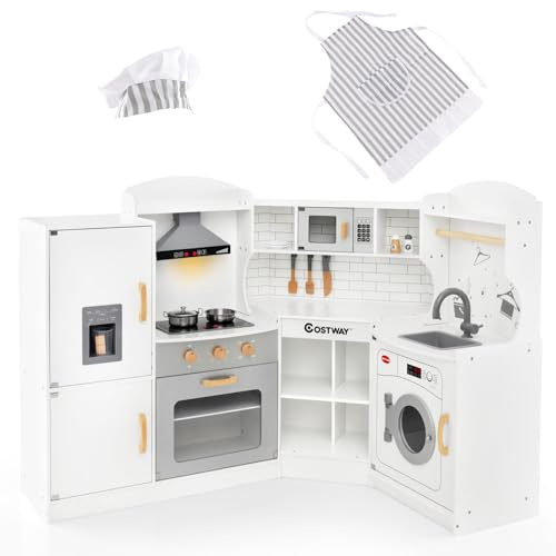 COSTWAY Set Gioco da Cucina per Bambini d'Angolo, Cucina Giocattolo in Legno con Macchina di Ghiaccio, Microonde, Lavatrice e Accessori, con Suoni e Luci, per Bambini 3-10 Anni (Bianco)