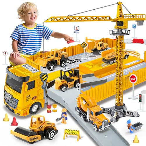 Naxudcoo Baustellenfahrzeuge für 3-7 Jahre alte Jungen Construction Truck Toys Set Kleinkind Auto LKW Spielzeug Kran Bagger Muldenkipper Baufahrzeug Spielzeug für 3 4 5 6 7 Jahre alt Jungen Geschenke