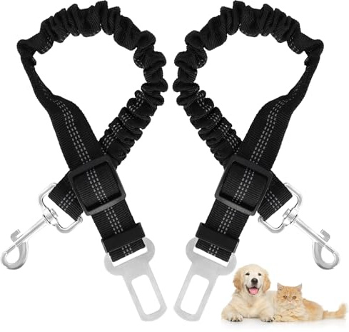 2Pcs Adjustable Car Harness Restraint, Reflective Pet Dog Seat Belt Harness, Strong Durable Dog Car Harness, 360 Degree Swivel Attach Car Dog Seat Belt, Elastic Lead with Shock Absorption for All Cars