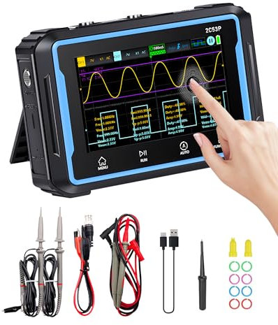 Oscilloscope Multimeter 2 Channel, WapoRich 3 in 1 Tablet Signal Generator Oscilloscope with 50MHz, 250 MSa/s, 12 Signal Waveforms, TRMS 19999 Counts, 64KB Storage Depth, Online Update