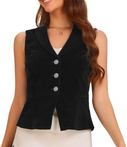 Allegra K Donna Gilet In Velluto Senza Maniche Con Bottoni E Risvolto Con Scollo A V. Gilet Da Abito Nero S