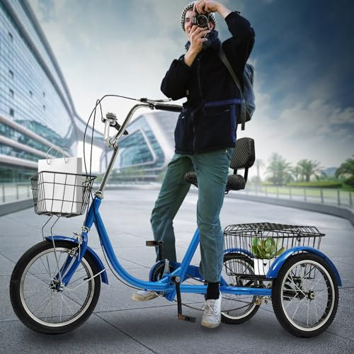 DAOHHFO 16 Zoll Dreirad für Erwachsene mit Rückenlehne, Professionelles Senioren Dreirad mit Vordere & Hintere Korb, Lastenfahrrad Max. 150KG für Senioren mit Einer Höhe von 1.45-1.70M (Blau)