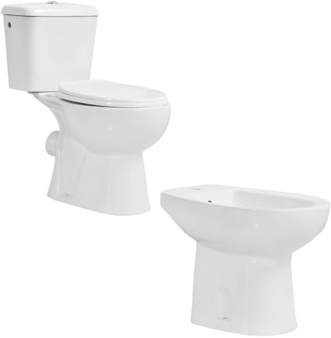 INODORO Completo con BIDET, Inodoro y Bidet Blanco, Pack Wc Inodoro, Retrete con Bidet para Hogar, Sistema Antibacterias, Tapa Dura Extrafina Amortiguada, Salida Horizontal
