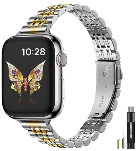 Fullmosa Armband kompatibelt med Apple Watch 41/40/38 mm, iWatch Series 9, 8, 7, 6, SE, 5, 4, 3, 2 och 1, metallband av rostfritt stål, för damer, silverfärgat