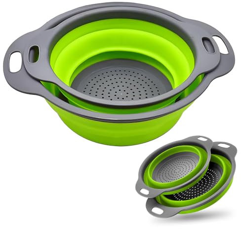 Faltbar Seiher, Silikon Küchensieb Klappbar Nudelsieb, Kleines Sieb Küche von Obst und Gemüse, 2 Größe (Grün)