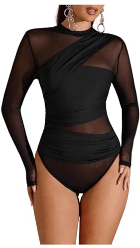 GORGLITTER Women's Mesh See Through Ruched Bodysuits Mock Neck Long Sleeve Tee Shirts Sexy Party Leotard Tops Black Medium