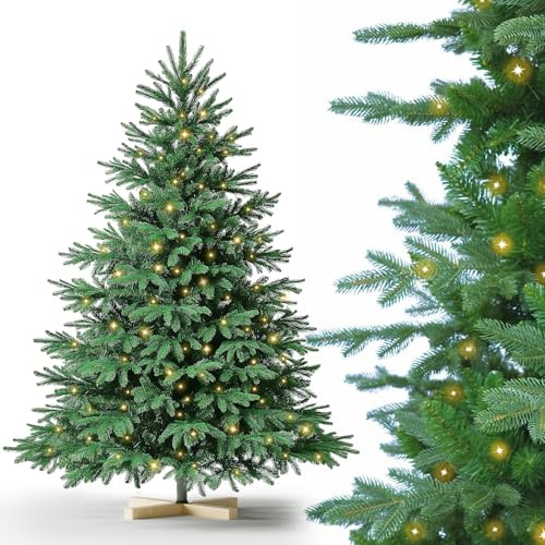 Weihnachtsbaum Künstlich PVC +PE，Tannenbaum Künstlich mit Beleuchtung LED、Christbaum Holzständer，Nordmanntanne,Schwer Entflammbarer Automatischer Christbaum，Naturgetreuer Tannenbaum Künstlich，180cm