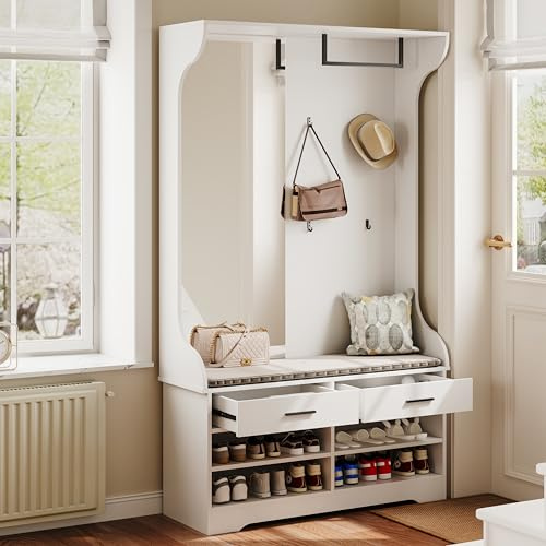 BestAlice Set di Guardaroba, Set di Guardaroba per Ingresso con Specchio, Appendiabiti con Scarpiera, Cassetto e Ganci, Scaffale Aperto, Armadietto per Scarpe, Guardaroba Compatto per Ingresso