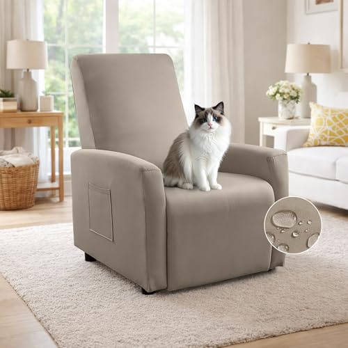 Funda Sillón Relax Reclinable Eléctrico 1 Plaza - 4 Piezas Elástica Lavable con Bolsillos Laterales, Impermeable Resistente, Funda Protectora Elástica Apta para Relax Reclinable (Moka Claro)
