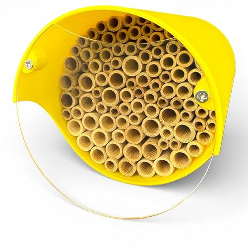 Wildbienen-Nisthilfe – absolut haltbar & wetterfest. Insektenhotel mit Bambus-Nisthülsen. Hochwertiges Wildbienenhotel für Gartenfreunde (Gelb, mit Vogelschutzabdeckung)