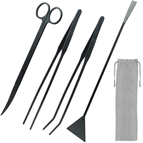 KEESIN Kit de tanque de acuario de acero inoxidable 4 en 1, accesorios de limpieza de peceras, kit de accesorios de acuario, pinzas, tijeras, pinzas, juego de raspador de algas (negro)