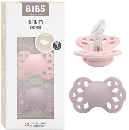 BIBS Infinity Anatomical Soother 2-Pack, BPA Free, Orthodontic Silicone Nipple, Orthodontic Nipple. Silicone, Made in Denmark, 0-6 Months (Pack of 2), Blossom/Dusky Lilac