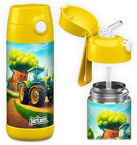 Jarlson® Trinkflasche Kinder Edelstahl CHARLI mit Strohhalm - Thermosflasche 350ml - TÜV geprüft - BPA frei - auslaufsicher - Thermo Wasserflasche für Schule, Kindergarten - Traktor, 350 ml