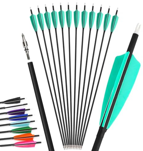 12Pcs 4inch Turkey Feather Mixed Carbon Arrow 500 Spine Archery Hunting Arrows Suit for Compound/Recurve Bow Target Practice Arrow (30inch, blue)