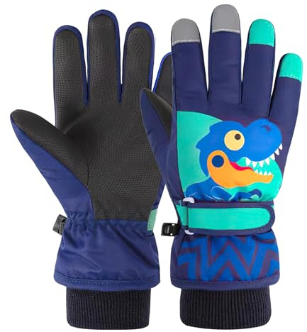 OPUHOHR Kids Ski Gloves, Dinosaur Winter Warm Windproof Snow Mittens for 2~13 Years Old Kids Cold Weather Gloves Girls Boys Sledding Snowboard Skating Cycling Running and Outdoor Activities