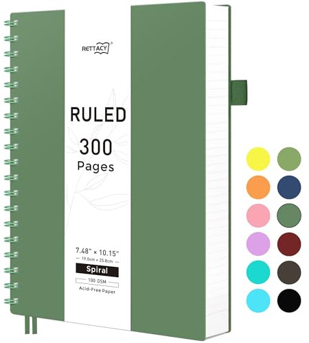 RETTACY B5 Notizblock, Notizbuch, Spiralgebundene Notizbücher, 150 Blatt/300 Seiten Zum Schreiben, 100 G/m² College-liniertes Papier, PVC-Hardcover, 19 x 25 cm – Dunkelgrün