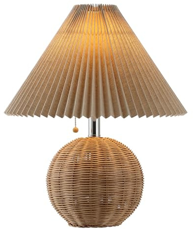 JONATHAN Y 17.25 Natural/Chrome/Dark Beige Sphere Table Lamp, Mid-Century Bedside Nightstand with Beige Pleated Linen Shade, Scandinavian Coastal Style, LED Bulb Included (JYL1145C)