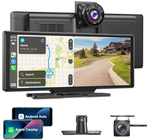 ESSGOO Wireless A-pple CarPlay & Android Auto 10.26 Touchscreen | Portable Car Stereo with 4K Front & Rear 1080P Dash Cam | GPS Navigation, Voice Control, BT 5.3, FM, Mirror Link, 64GB TF Card
