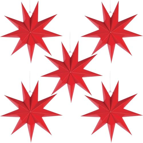 CHENYU Stelle Natale Carta 5 Pezzi Pieghevoli a 9 Angoli Stelle di Carta Rosso 3pezzi 30cm + 2pezzi 45cm Natale Decorazioni 3d Stelle di Carta Finestre Della Festa di Matrimonio di Compleanno