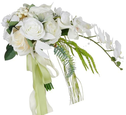 YiNLuax Bouquet de roses en soie blanche et lys calla en tissu soyeux pour cadeau et décoration