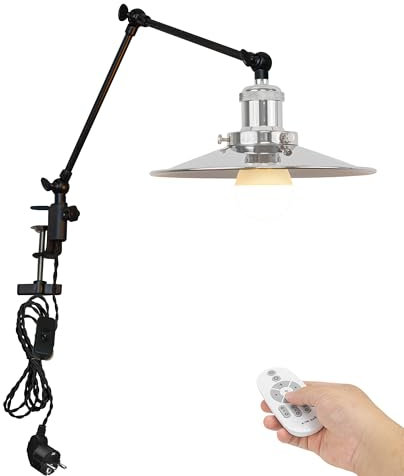 FSLiving Industrial klämlampa med fjärrkontroll, justerbar klämma på skrivbord lä, dimbar klämma sänglampa med flexarm för skrivbord sängbord hylla silver- TD/2773