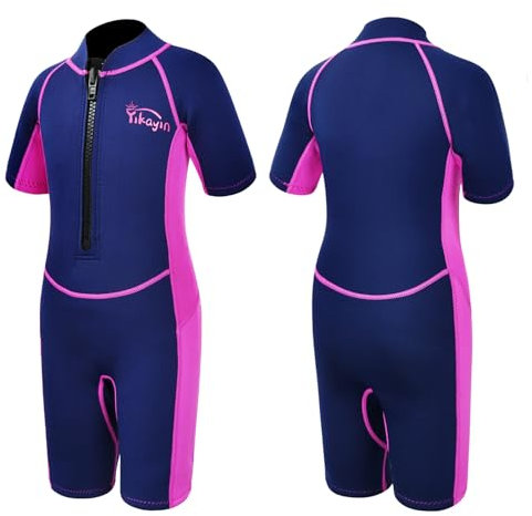 Yikayin Neoprenanzug Kinder Kurz, 2mm Premium CR Nassanzug Shorty Jungen Mädchen, Thermo UV Neopren Schwimmanzug Frontreißverschluss zum Schwimmkurs, Tauchen, Surfen, Schnorcheln, SUP - Rosa XS