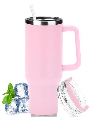 LOITTAINUE 40oz Thermobecher mit Strohhalm und Henkel, 1180ml Kaffeebecher To Go mit Deckel, Doppelwandiger Edelstahl Vakuum Isolierbecher Tragbare Autobecher für Kalte Heiße Getränke (Rosa)