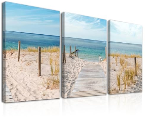 Dazzlewall 3 Stück Gerahmte Strand Wandkunst Poster, Blauer Himmel Meer Drucke Küste Wandposter für Badezimmer Schlafzimmer Dekor 12x16 zoll