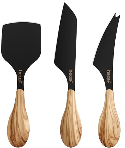 hecef Cheese Knife Set of 3, Includes Pronged, Hard Cheese & Chisel Knife, Matte Black Stainless Steel Knives with Wood Grain Handles, Cheese Tools for Charcuterie Boards, Entertaining, Feast